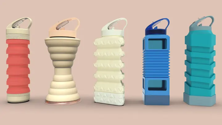 Botellas plegables de silicona en cinco colores, render 3D