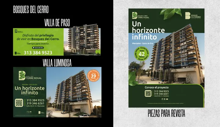 Valla de paso, valla luminosa y aviso de revista para un proyecto de vivienda