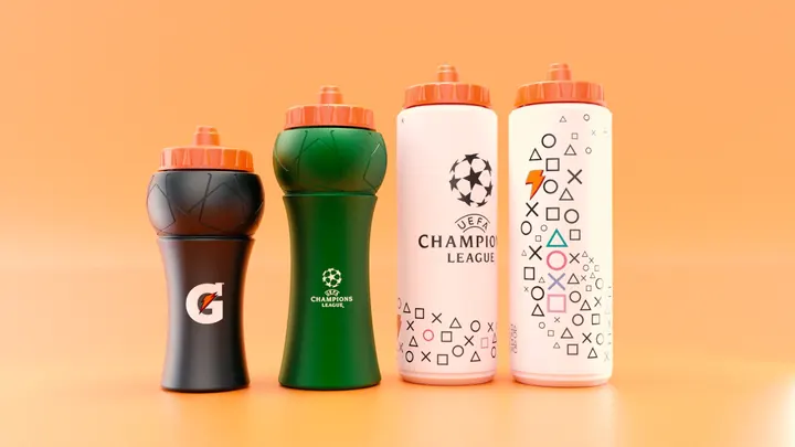 Cuatro termos deportivos con gráficas de edición especial, render 3D