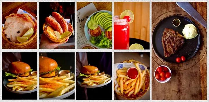 Fotografía de producto para restaurante: hamburguesas, papas, carnes y bebidas