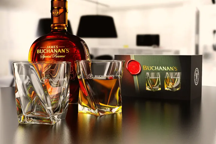 Estuche de regalo de whisky con dos vasos, render 3D