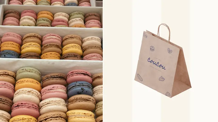 Bolsa de papel y cajas de macarons para pastelería