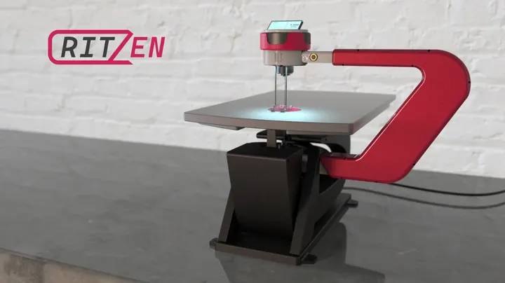 Máquina de escritorio con brazo rojo, render 3D de producto