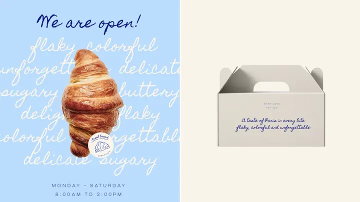 Afiche de apertura y caja para pastelería
