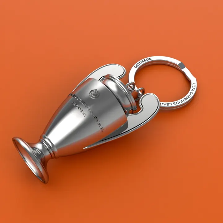 Llavero metálico en forma de trofeo, render 3D